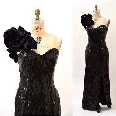 80s Vintage Black Sequin Dress Medium // 80s Prom Dress Gown Medium One shoulder Asymmetrical 80s Black Sequin Pageant Dress By Flirtations 