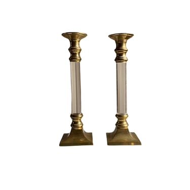 Vintage Brass and Lucite Candlesticks, Pair 