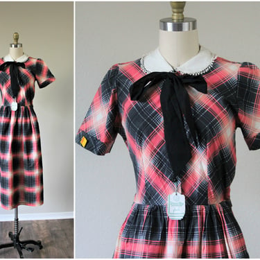 Vintage 40's 50's NWT WINNIE MAE Coral Salmon Rose Red Gray Plaid Frock Day Dress 