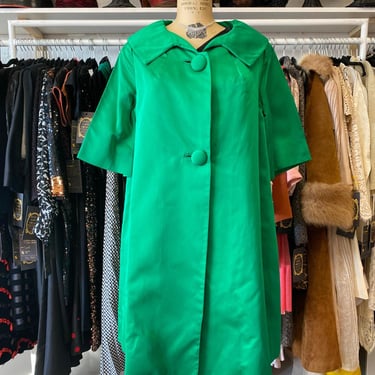 vintage 1950s emerald green satin swing coat, mrs maisel, medium, holiday, bloom 