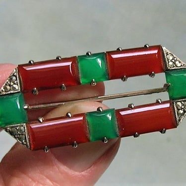 Antique 1920's Art Deco Sterling Marcasite Brooch Pin, Sterling Wachenheimer Pin, Sterling Carnelian and Chrysoprase Pin (#3960) 