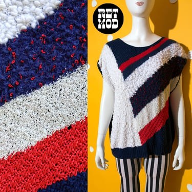 Unique Vintage 80s 90s Navy Blue Red White Stripe Shaggy Boucle Chunky Knit Top 