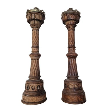 Antique French Gothic Revival Carved Wood Religious Church Altar Sticks - Ecclesiastical Candlestick Pair 19th Century 