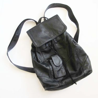 Vintage Black Leather Backpack - 90s Black Leather Mini Backpack - Small Leather Backpack Purse Rucksack - 90s y2k backpack purse 