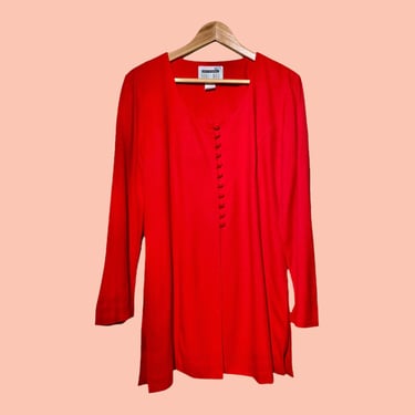 90s Tunic Blouse, Long Red Vintage Shirt, Simple Scoopneck Long Sleeve Blouse, Loose Fit Vibrant Size 8 Medium 