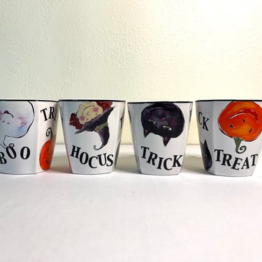Vintage 90s Set of 4 Halloween Ceramic Mugs With Witches + Ghosts + Black Cats + Jack-O-Lanterns by Rosanna 
