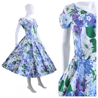 STUNNING 1950s Blue Green Purple Floral Fit & Flare - 1950s New Look Dress - 50s Floral Fit and Flare  - 50s Flower Print Dress | Size Small 