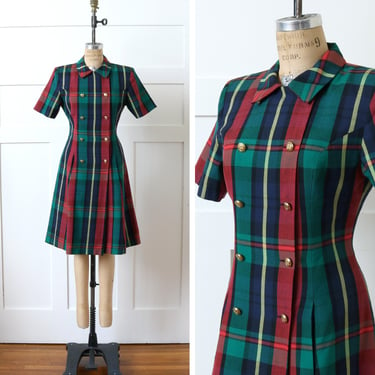 vintage 1990s plaid dress • tailored preppy linen blend double breasted dress 