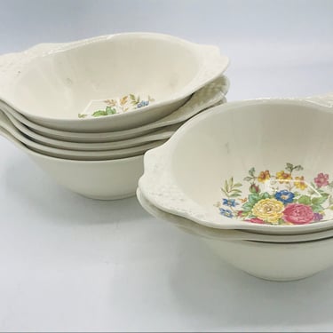 Vintage set of 8 Nautilus Eggshell Theme Design Handled Soup Bowls  - Raised Floral Design USA 