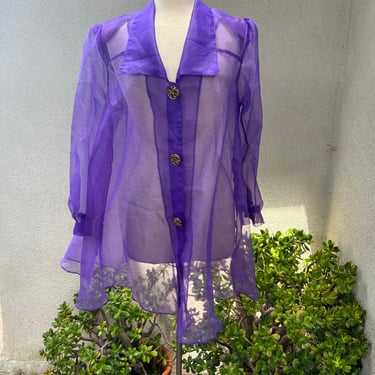 Vintage sheer polyester chiffon purple jacket button front Sz M/L by Nona Fashion 