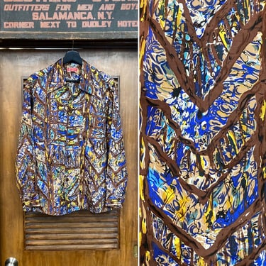 Vintage 1950’s “Kahala” Atomic Silk Long Sleeve Rockabilly Hawaiian Shirt, Loop Collar, 1950’s Shirt 