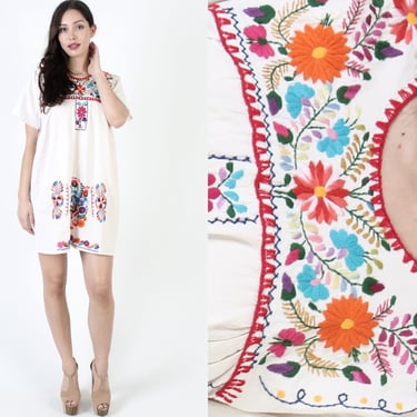 Off White Womens Mexican Short Dress / Vintage Hand Embroidered Dress / Womens Floral Puebla Cotton Mini Vestido 