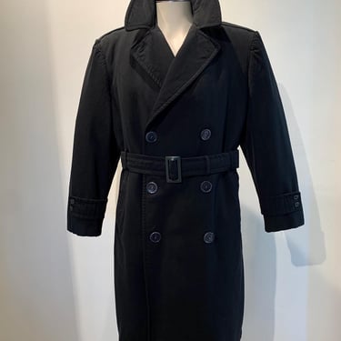 1940's Double Breasted Trench Coat - Black Gabardine - 6 Button Closure -Wool Zipout Lining - Storm Pockets - Men's Size Medium 