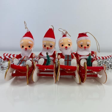 Vintage Santa pixie elf on sled ornament Set of 4, Retro flocked Santa, Japan Made Ornament, Bottle Brush Tree, Present, Mercury Bead 