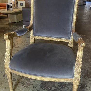 Gold and Black Suede Carved Arm Chair