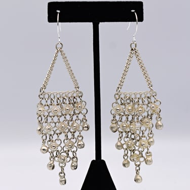 70's silver floral mesh boho chandelier earrings, tribal bell waterfall dangles 925 sterling ear wires 