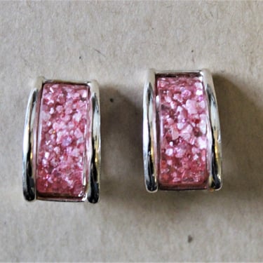 Vintage 50's 60s Pink Silver Confetti Lucite button Earrings Clip On pin up 