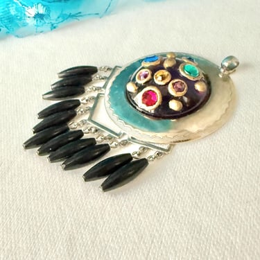 Large Statement Pendant, Brutalist, Tribal, Atsy, Cabochon, Beads Fringe, 4 in Long, Vintage 80s 90s 