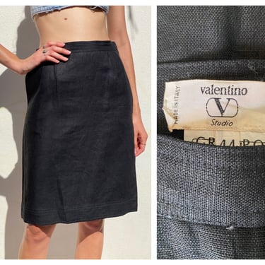 80's Valentino Linen Skirt / Black High Waist Midi Skirt / Resort Vacation Skirt / High Waist Minimal Mini Skirt 