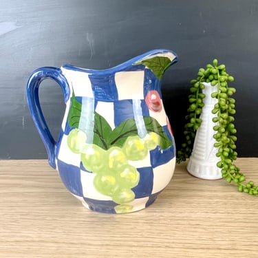 Studio pottery fruit design pitcher - Keyes - 1990s vintage 