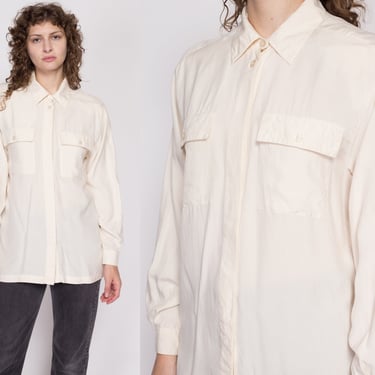 Medium 90s Ivory Silk Blouse | Vintage Minimalist Long Sleeve Button Up Collared Shirt 