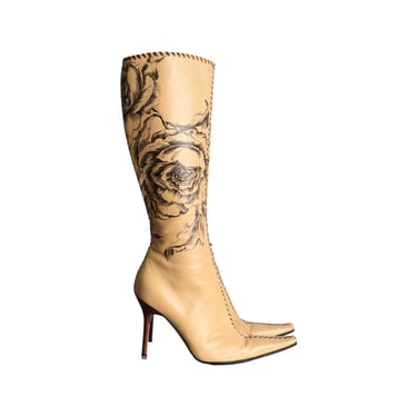 Cavalli Tan Floral Leather Boot