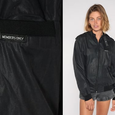 Members Only Jacket 80s Black Bomber Zip Up Windbreaker Cafe Racer Moto Hipster Epaulette Coat Vintage 1980s Lightweight Medium M 