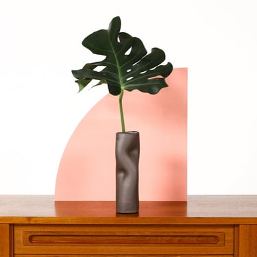 Organic Modern / Primitive  Sculptural Extruded Ceramic Stem Vase — Two Pinch — Dark Brown Stoneware 