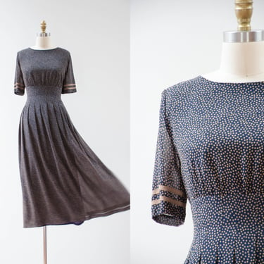 navy blue polka dot dress | 80s 90s vintage navy brown cute cottagecore see through sheer chiffon fit and flare midi dress 