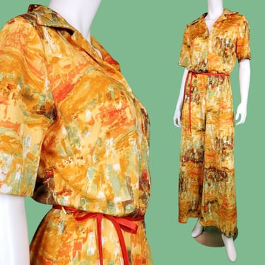 1960s mod jumpsuit loungewear beachwear one piece. Mcm print slinky fabric. Belted. Orange, yellow, green. (OS) 
