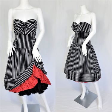 Strapless 1980's Black White Striped Fit & Flare Cha-Cha Dress I Sz Sm I Morton Myles- For the Warrens 