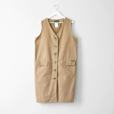 vintage button front dress / beige cotton duster vest 
