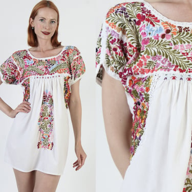 White Cotton Oaxacan Mini Dress Embroidered Short Womens Tunic Mexican Style Sundress Cover Up 