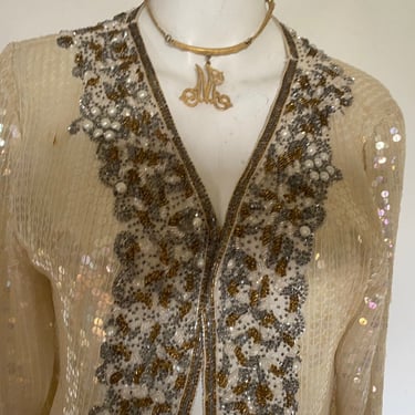 Vintage sequin duster, long gold sequin duster, heavily embellished sheer coat vintage 