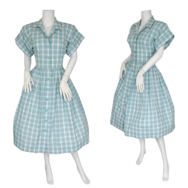 1980's Blue White Checkered Fit & Flare Circle Skirt Dress I Sz Sm I Axiom 