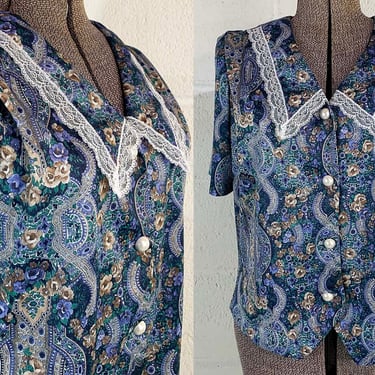 Vintage Paisley Top 80s Button Up 1980s Short Sleeve Button Front Blue Green Lace Collar Secretary Blouse Whirlaway Frocks XL Large 