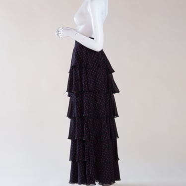 1990s Emanuel Ungaro silk ruffled tiered skirt with red polka dots pattern 