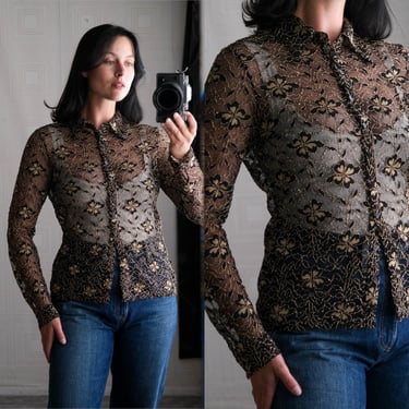 Vintage ANNE FONTAINE Black & Gold Floral Lurex Sheer Knit Longsleeve Blouse w/ Intricate Lace Design | 2000s Y2K Designer Long Sleeve Top 