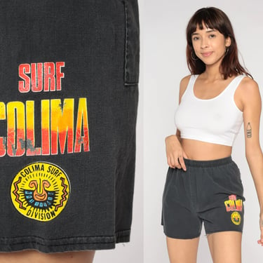 Surf Colima Shorts 90s Faded Black High Waisted Shorts Retro Beach Surfer Mexico Elastic Waist Summer Jogging Vintage 1990s Extra Small xs s 