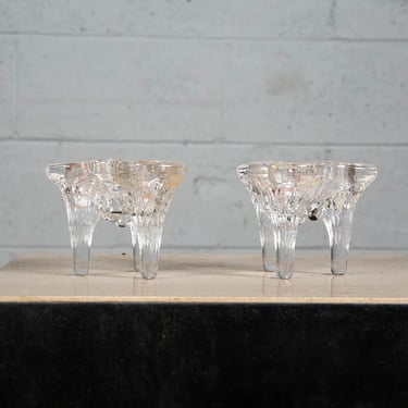 Mid Century Modern Two Abstract Artisan Matching Candleholders Clear Glass Small