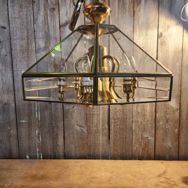 Vintage Beveled Glass and Brass Chandelier 21.5" x 16"