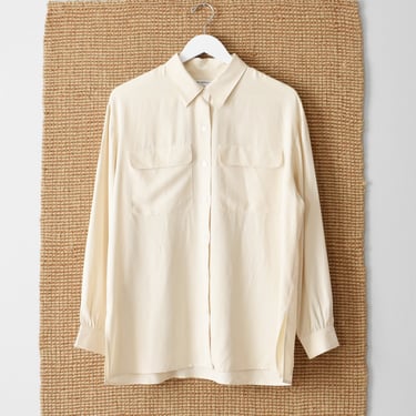 vintage cream silk button down, 90s classic collared blouse 