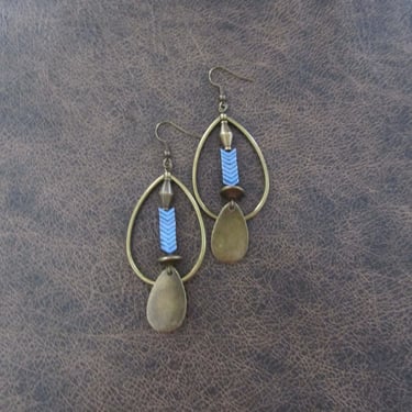 Bronze and hematite tear drop hoop earrings, blue 