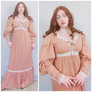 1970s Vintage Candi Jones Terracotta Brown Prairie Dress / 70s / Seventies Puffed Sleeve Lace Up Front Maxi Dress / Medium 