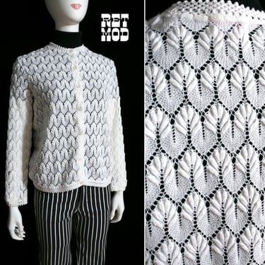 Cool Vintage 60s 7s White Woven Bargello Cardigan Sweater 