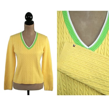 Yellow Cable Knit Sweater Small | Cotton V Neck Pullover | Petite TOMMY HILFIGER Y2K Clothes for Women 
