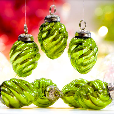 VINTAGE: 5pc - Small Thick Mercury Glass Green Ornaments - Mid Weight Kugel Style Ornaments - Unique Find - SKU 34 