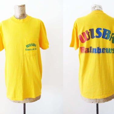 Vintage 60s Stedman Hi Cru Pocket T Shirt M - 1960s Marigold Yellow Cotton Shirt - Wisba Rainbows High School Reunion Text Graphic Tee 