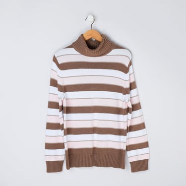 Vintage 90s Tan, Pink & White Turtleneck Sweater - striped, knit, pullover, nineties  - Women's XL 