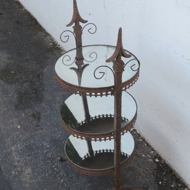 Rustic Metal and Mirror Flower Statue Stand Table with Shelves 3817